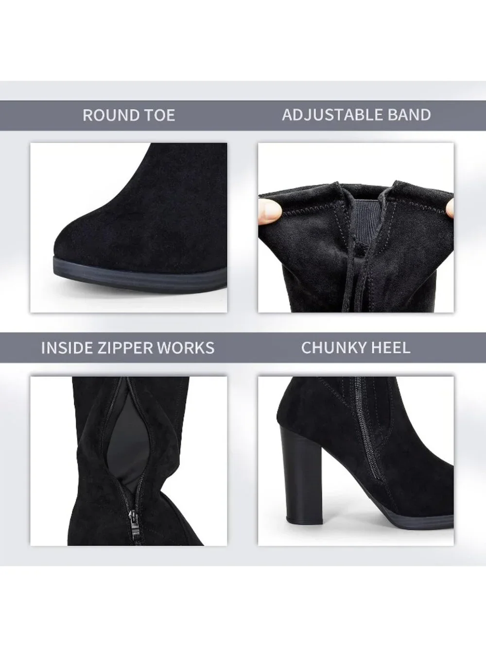 Women's Black Block Heel Round Toe Faux Suede Over The Knee Thigh High Boots